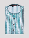 Men’s White & Teal Striped Ikat Printed Cotton Kurta 11003