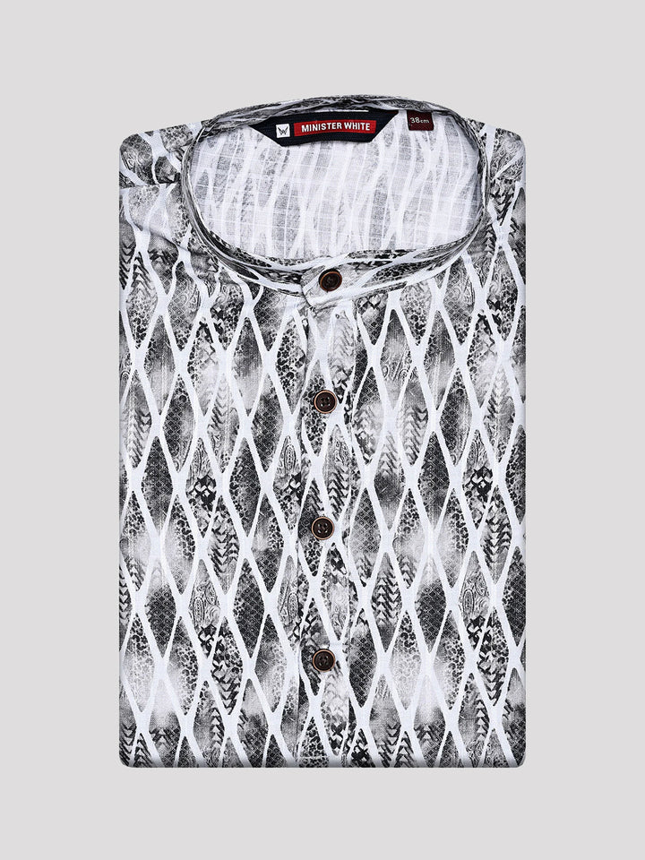 Men's White and Black Abstract Printed Cotton Mandarin Collar Kurta 11003