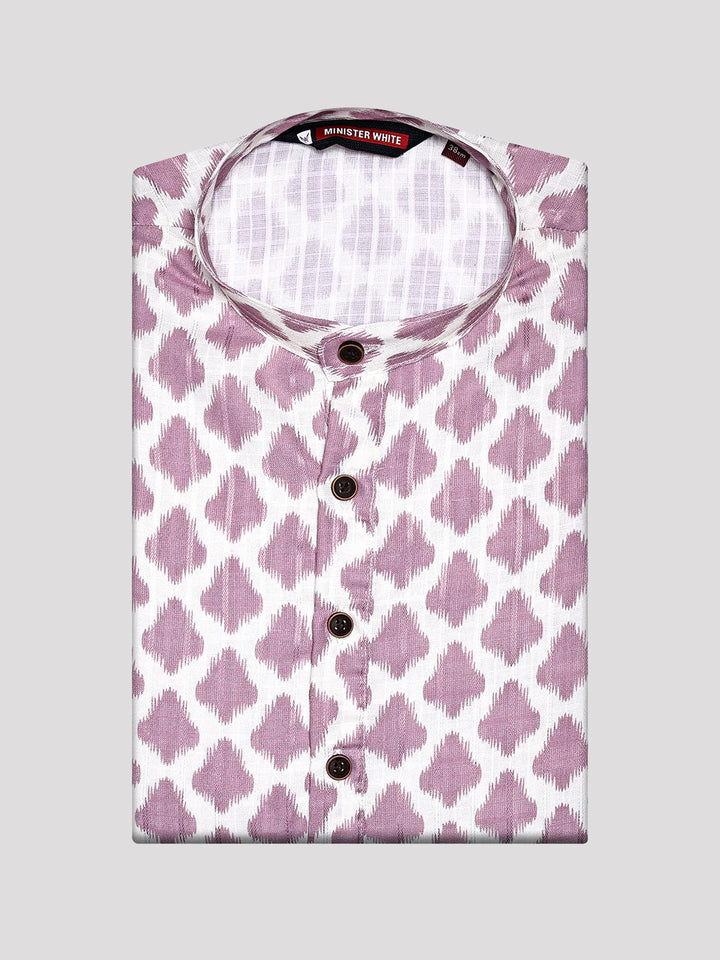 Men's White and Lavender Ikat Printed Cotton Mandarin Collar Kurta 11003