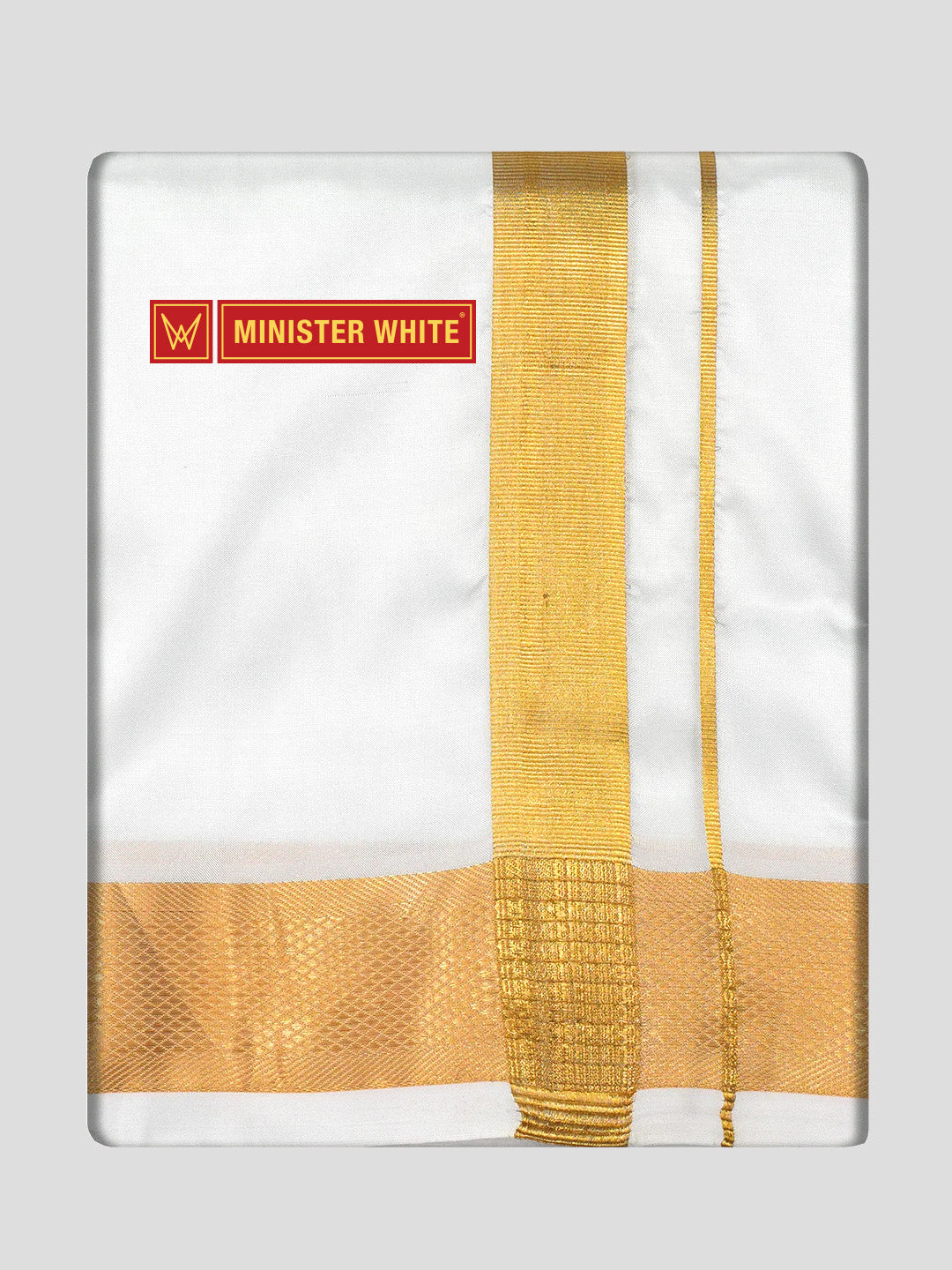 Mens Art Silk Double Layer White Dhoti with 100K Gold Jari Border - Marshal 100K
