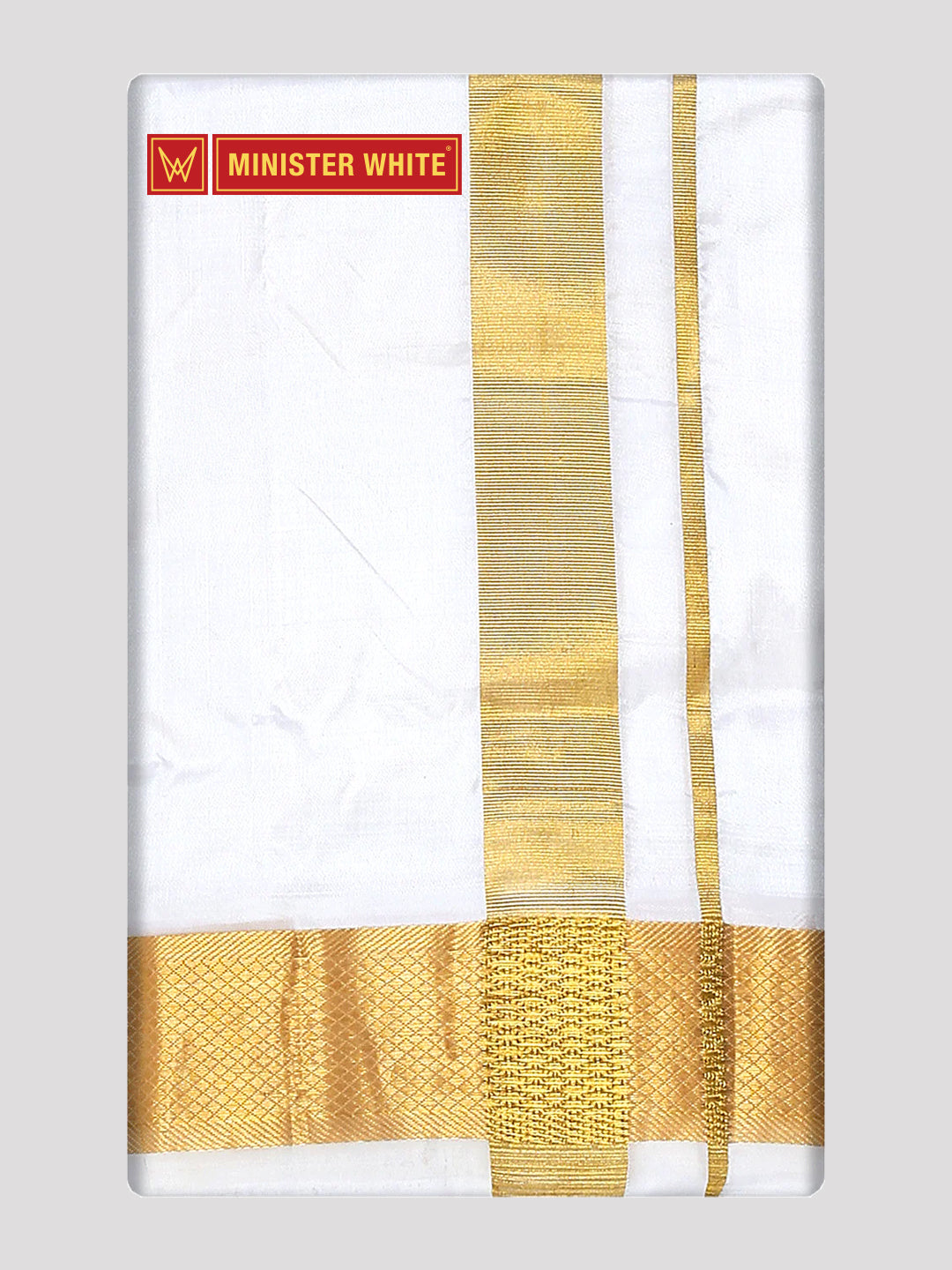 Mens Double Layer White Pure Silk Dhoti with 100K Golden Jari Border - Bheeshma 100K
