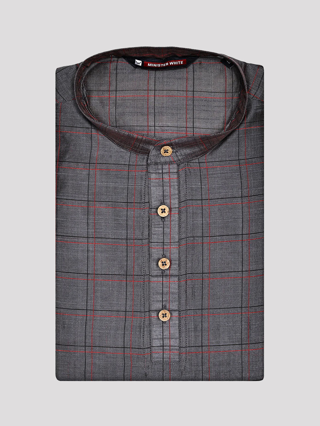 Mens Cotton Blend Grey with Red Checked Mandarin Collar Kurta