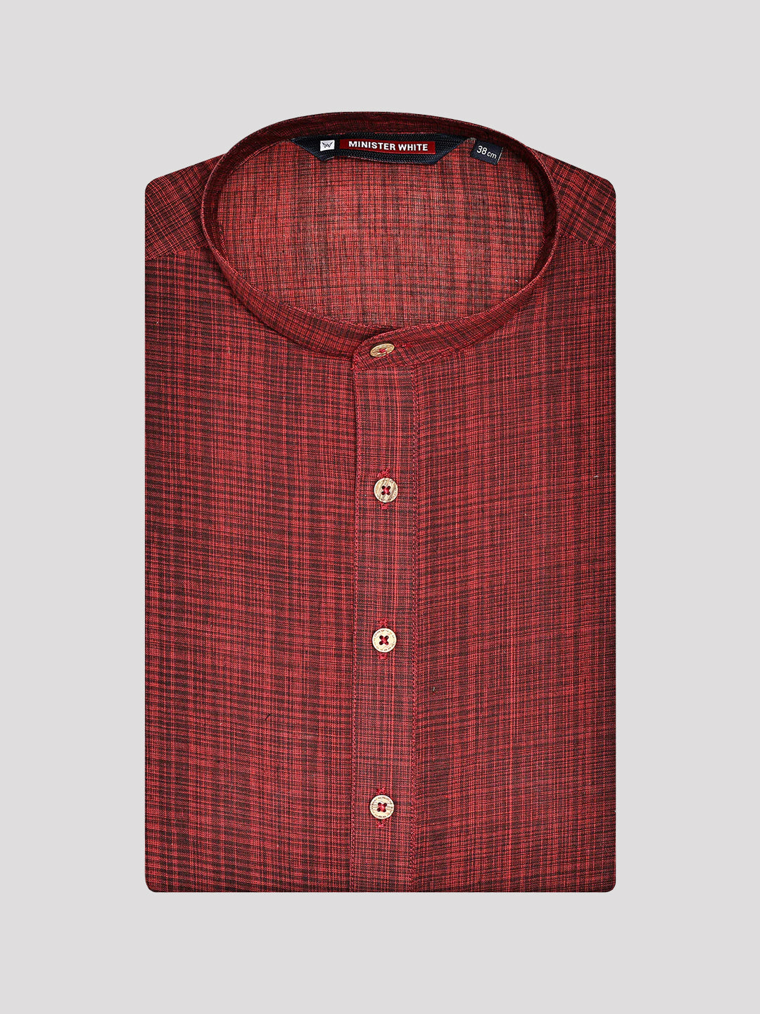 Mens Cotton Blend Red & Black Checked Mandarin Collar Kurta