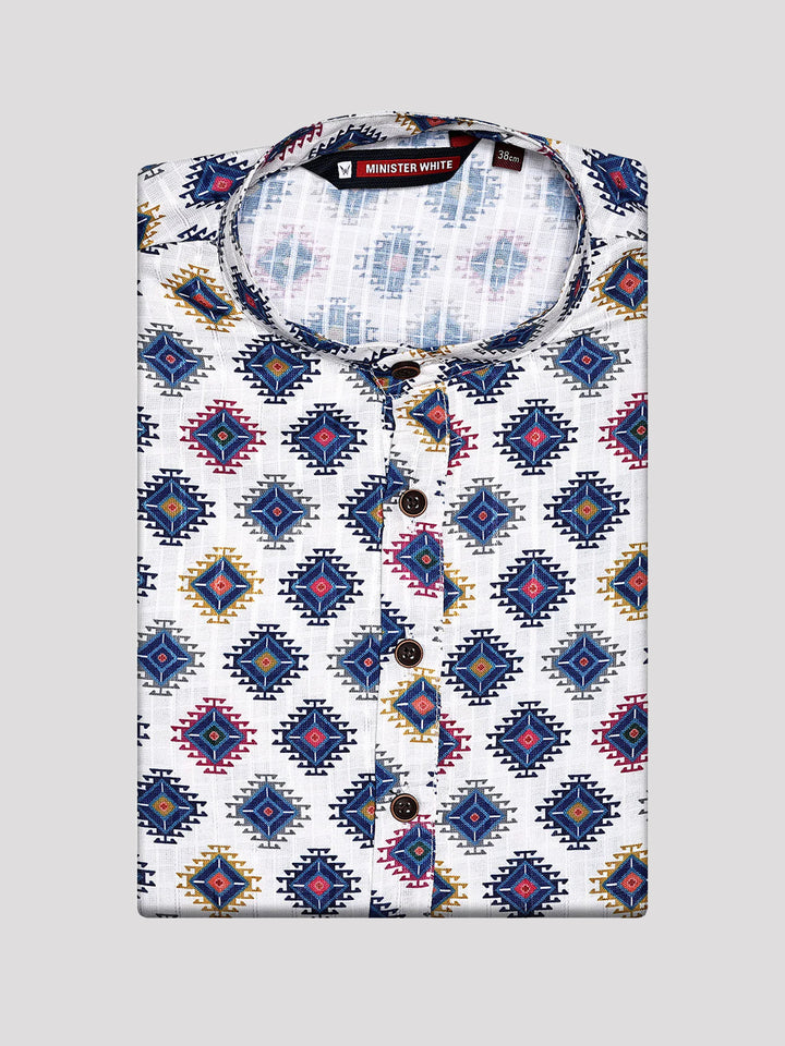 Mens Cotton White Multicolor Printed Mandarin Collar Kurta