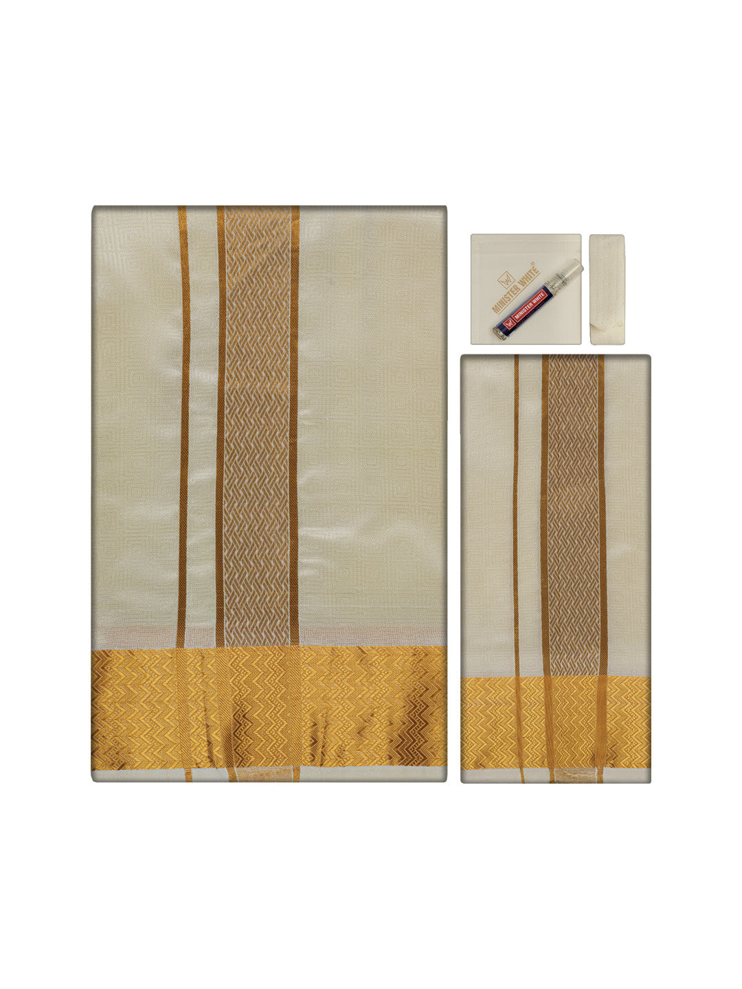 Men's Premium Art Silk Cream Shirt Bit with 2 1/2" Gold Jari Border Dhoti Towel Combo Sieger