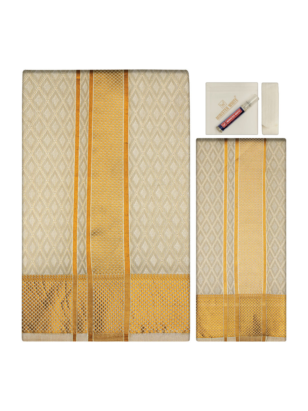 Men's Premium Art Silk Cream Shirt Bit with 2 1/2" Gold Jari Border Dhoti Towel Combo Sweden