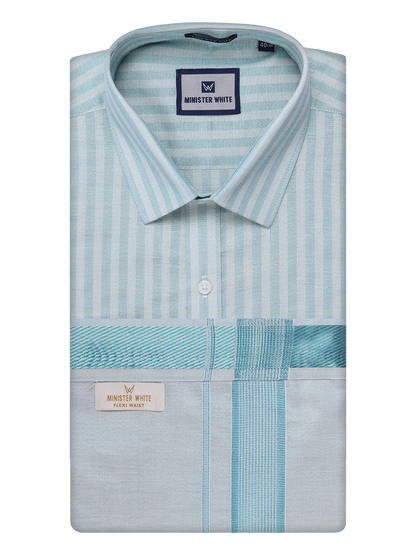 Mens Tissue Stripes Mint Blue Shirt with Plain Jari Border Dhoti Wedding Combo Carter by Minister White