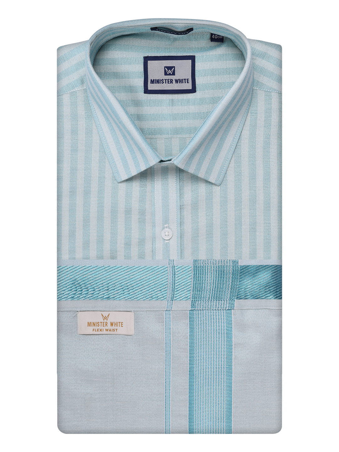 Mens Tissue Stripes Mint Blue Shirt with Plain Jari Border Dhoti Wedding Combo Carter by Minister White