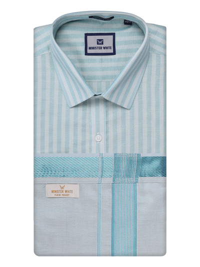 Mens Tissue Stripes Mint Blue Shirt with Plain Jari Border Dhoti Wedding Combo Carter by Minister White