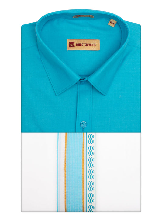 Men's Sky Blue Color Shirt with Matching Fancy Printed Border Dhoti Combo Casper Trends