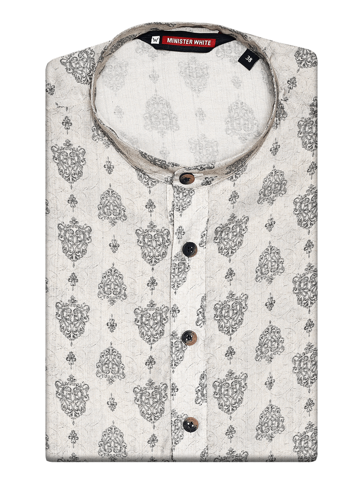 Men’s Off-White Cotton Printed Kurta with Vintage Motifs 30043