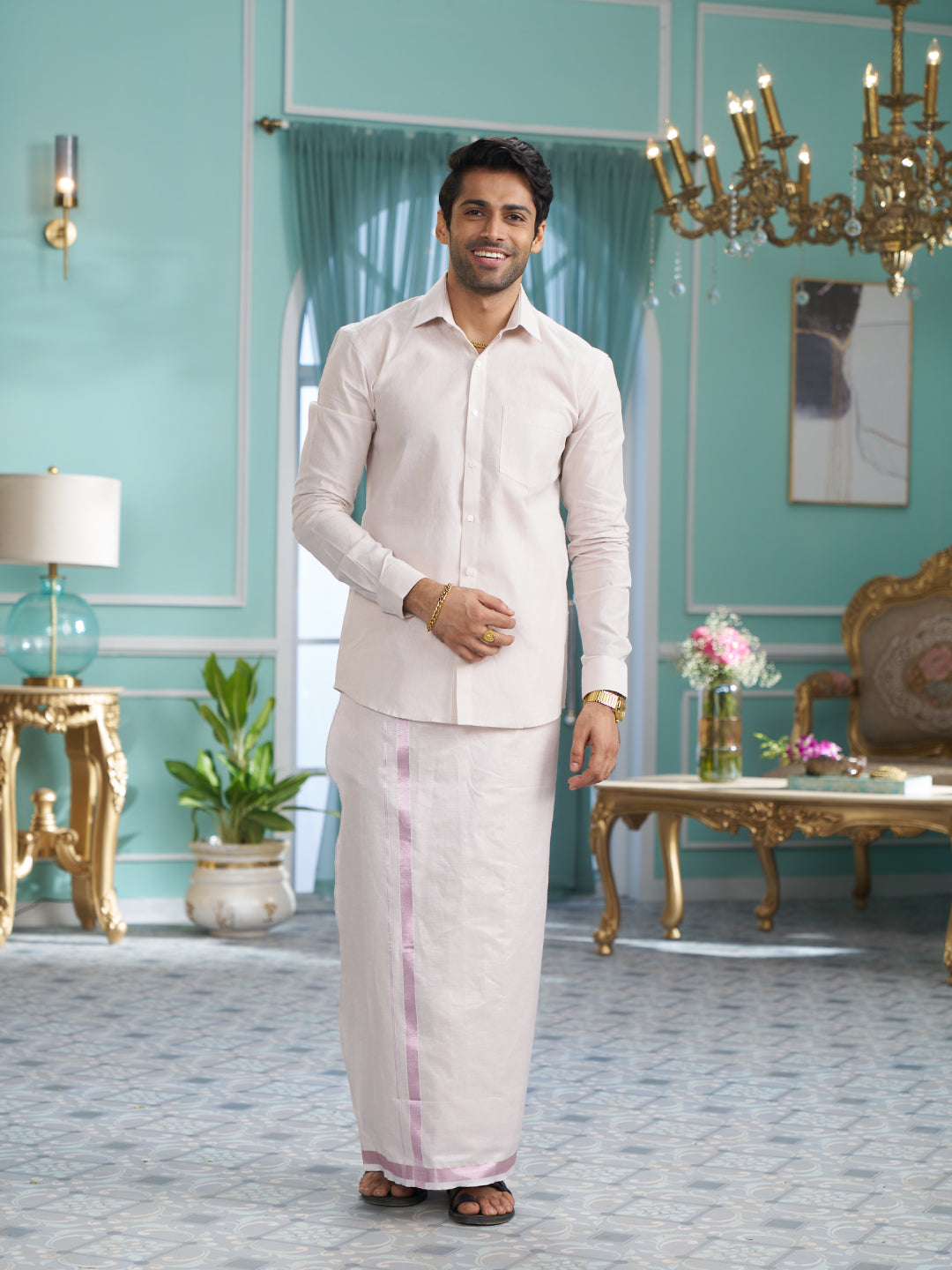 Elegant Rose Dhoti Shirt Wedding Combo Tradition Style ministerwhite