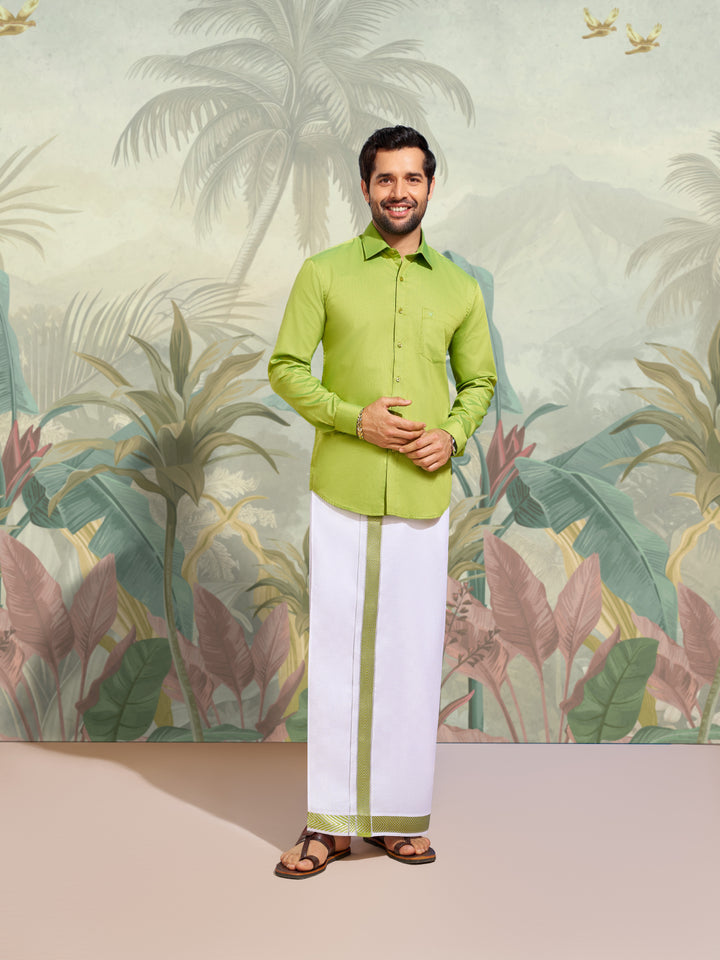 Men Cotton Parrot Green Shirt and Airtex Matching Border Dhoti Combo Nector