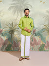 Men Cotton Parrot Green Shirt and Airtex Matching Border Dhoti Combo Nector
