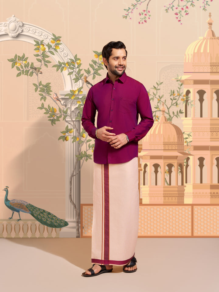 Mens Cotton Maroon Shirt with Tissue Matching Border Dhoti Wedding Combo Kandala