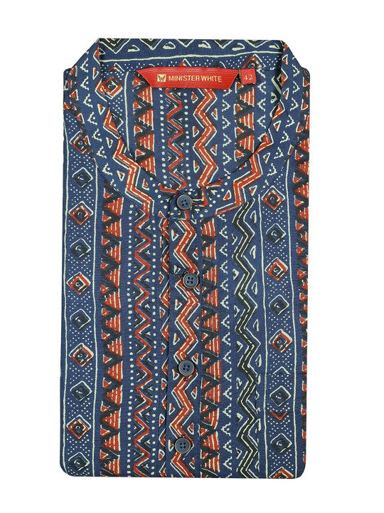 Men's Cotton  Blue with Red Mandarin Collar Fashion Kurta 30206