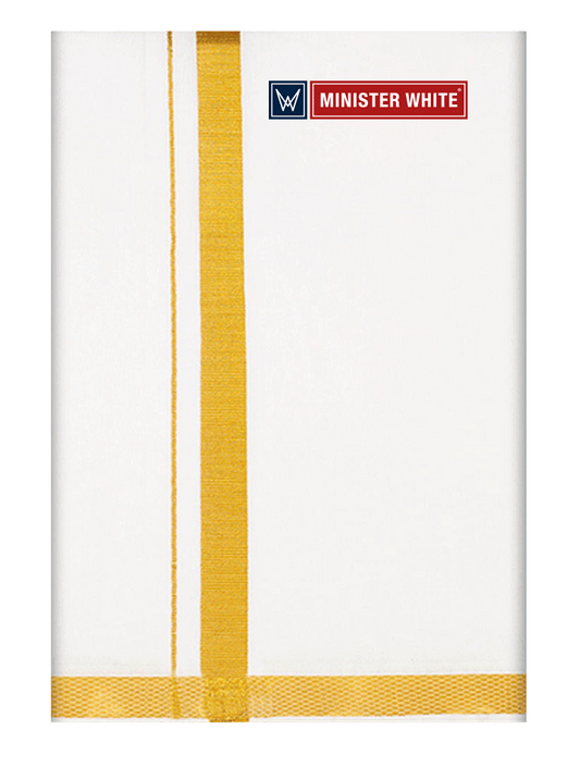 Mens Cotton White Double Layered Dhoti with 3/4" Gold Jari Border - Omkar by Minister White