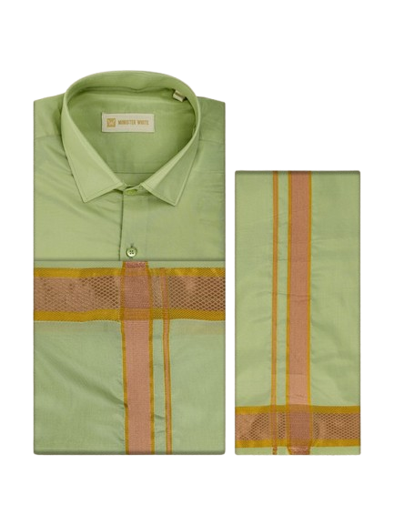 Mens Art Silk Pista Green Full Sleeves Shirt with Gold Jari Border Dhoti & Towel Combo Blush