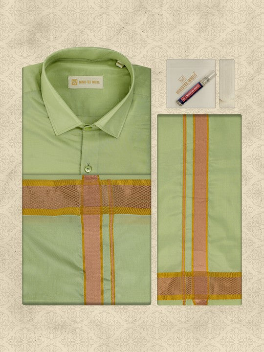 Mens Art Silk Pista Green Full Sleeves Shirt with Gold Jari Border Dhoti & Towel Combo Blush