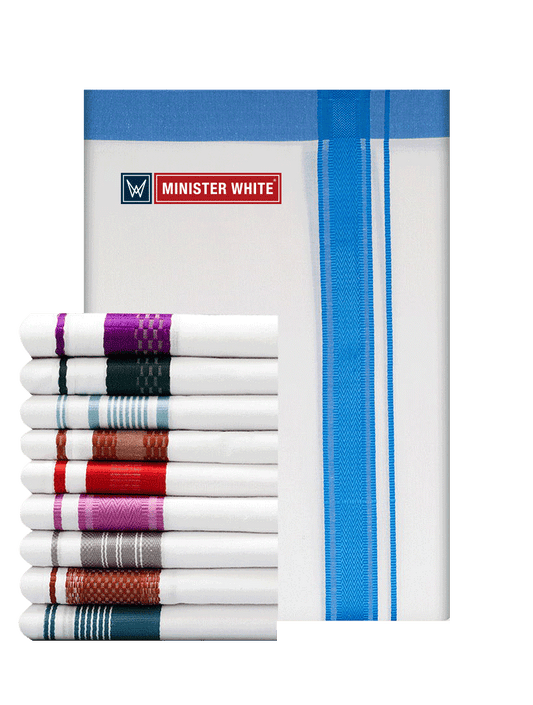 Mens Cotton White Single Layered Dhoti with Assorted Fancy Border - Ravivarma Mix by Minister White