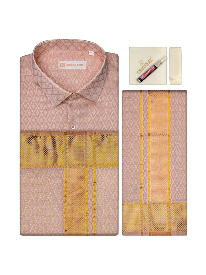 Mens Art Silk Pink Full Sleeves Shirt with 2 1/2"  Gold Jari Border & Towel Dhoti Combo Spruce