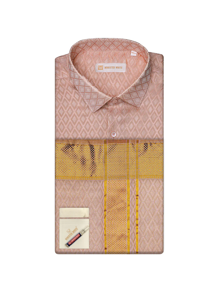 Mens Art Silk Pink Full Sleeves Shirt with 2 1/2"  Gold Jari Border & Towel Dhoti Combo Spruce