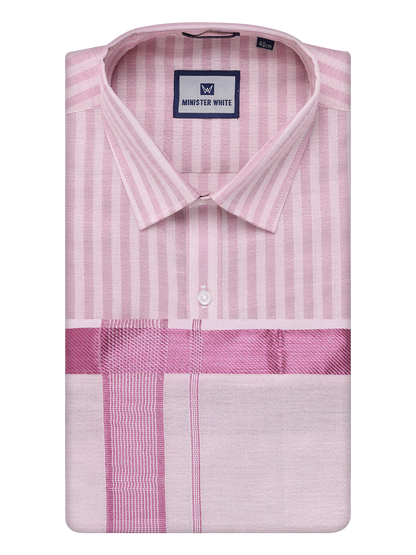 Mens Tissue Stripes Rose Shirt with Plain Jari Border Dhoti Wedding Combo Carter by Minister White