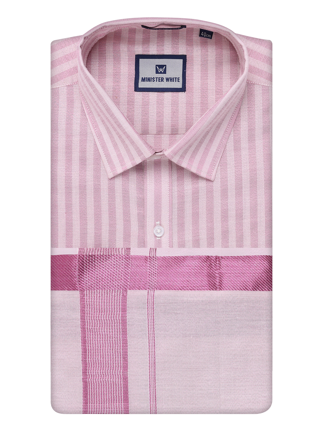 Mens Tissue Stripes Rose Shirt with Plain Jari Border Dhoti Wedding Combo Carter by Minister White