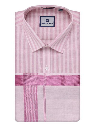 Mens Tissue Stripes Rose Shirt with Plain Jari Border Dhoti Wedding Combo Carter by Minister White