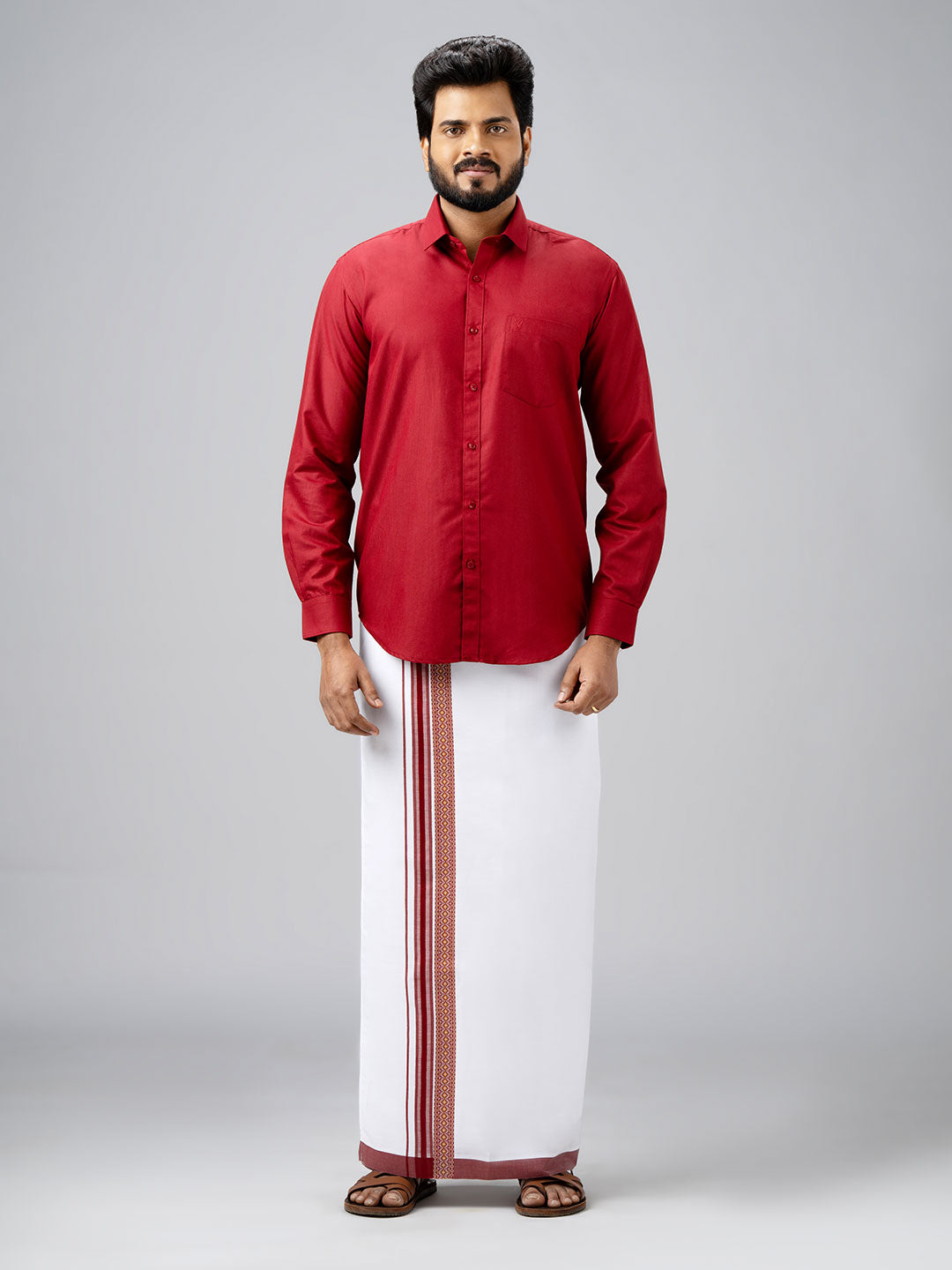 Men's Cotton Maroon Matching Shirt with Fancy Printed Border Dhoti Combo Luster Trend