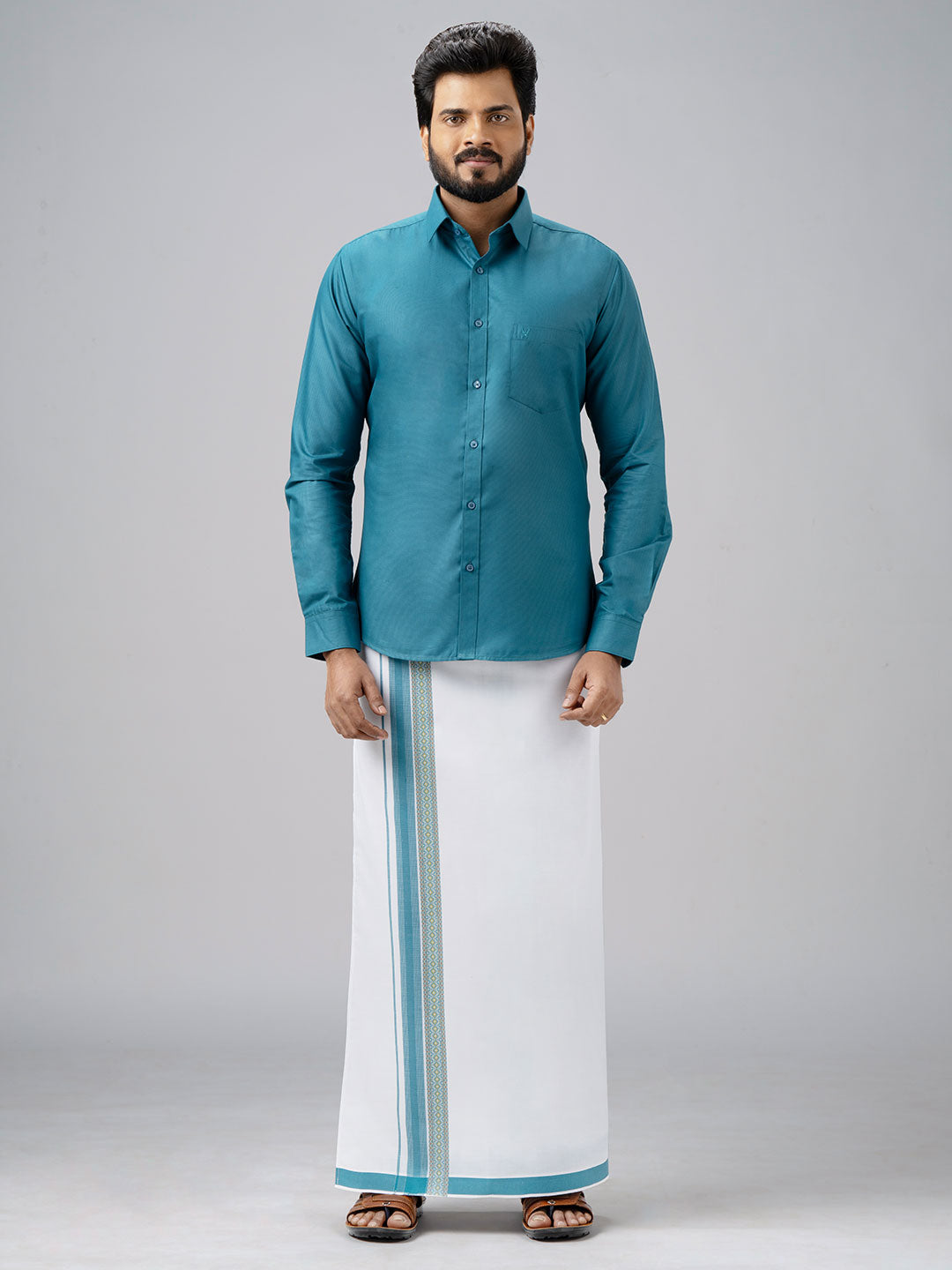 Men's Cotton Green Matching Shirt with Fancy Printed Border Dhoti Combo Luster Trend