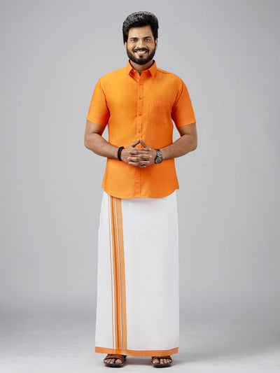 Men's Cotton Orange Matching Shirt with Fancy Printed Border Dhoti Combo Luster Trend