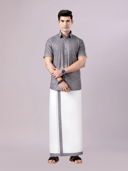 Men's Grey Color Digital Printed Shirt with Matching Printed Border Dhoti Combo Varnam
