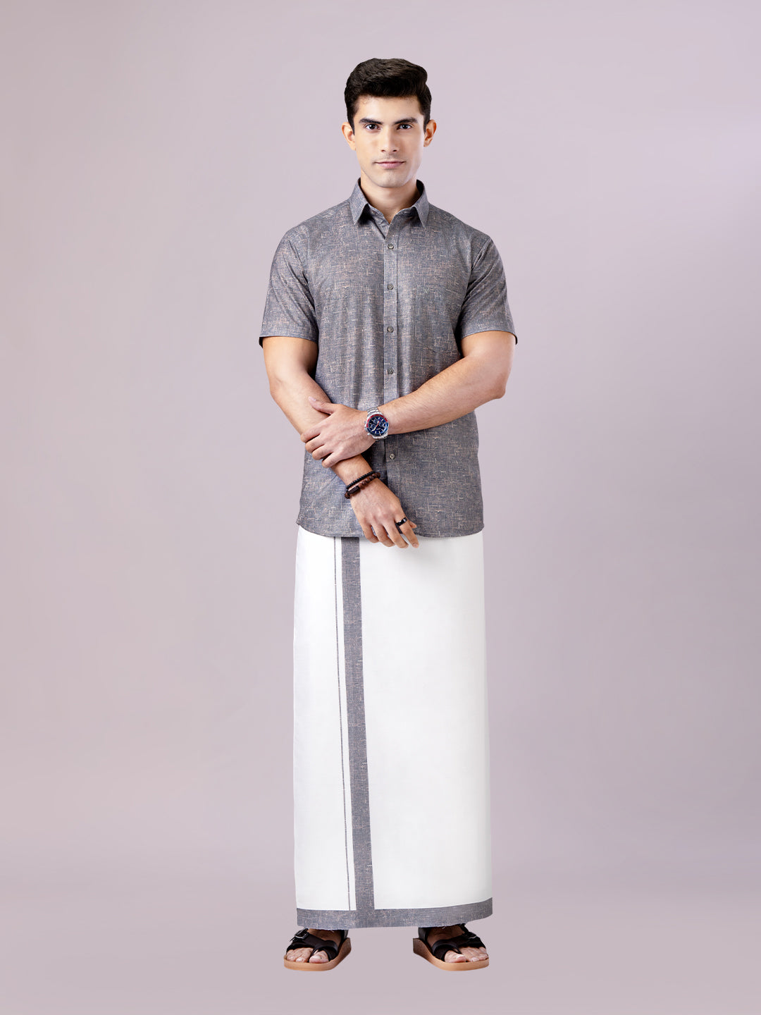 Men's Grey Color Digital Printed Shirt with Matching Printed Border Dhoti Combo Varnam