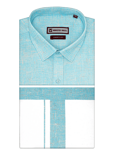 Men's Light Aqua Color Digital Printed Shirt with Matching Printed Border Dhoti Combo Varnam