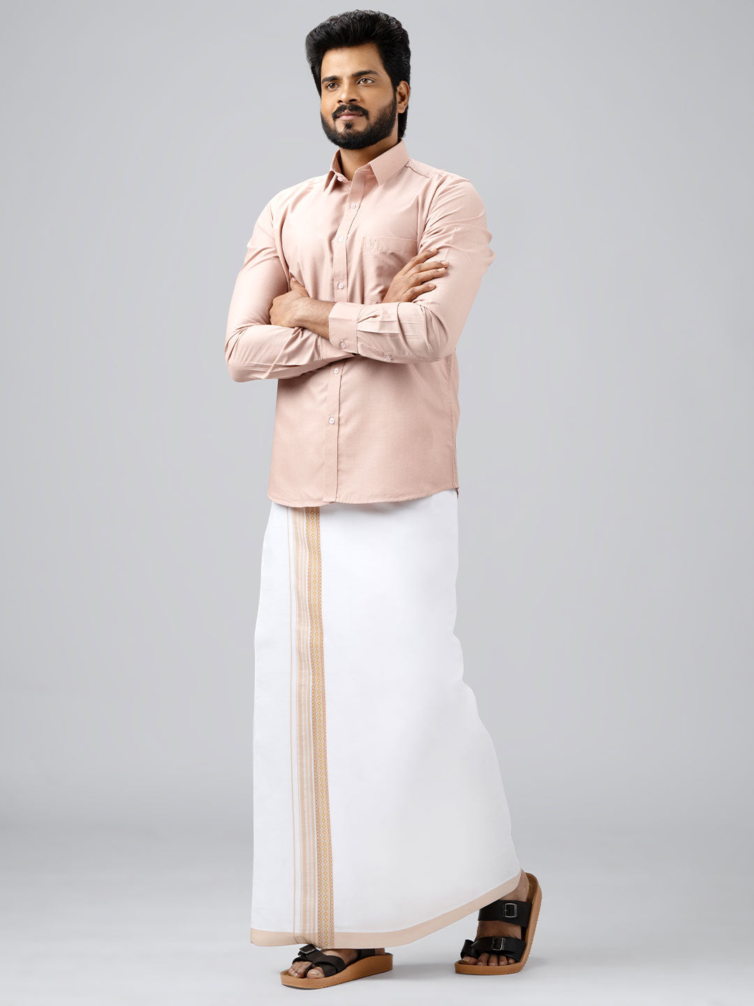 Men's Cotton Beige Matching Shirt with Fancy Printed Border Dhoti Combo Luster Trend