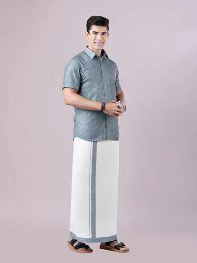 Men's Emerald Color Digital Printed Shirt with Matching Printed Border Dhoti Combo Varnam