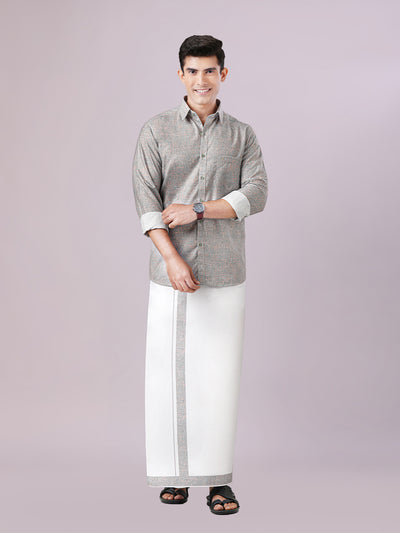 Men's Light Grey Color Digital Printed Shirt with Matching Printed Border Dhoti Combo Varnam