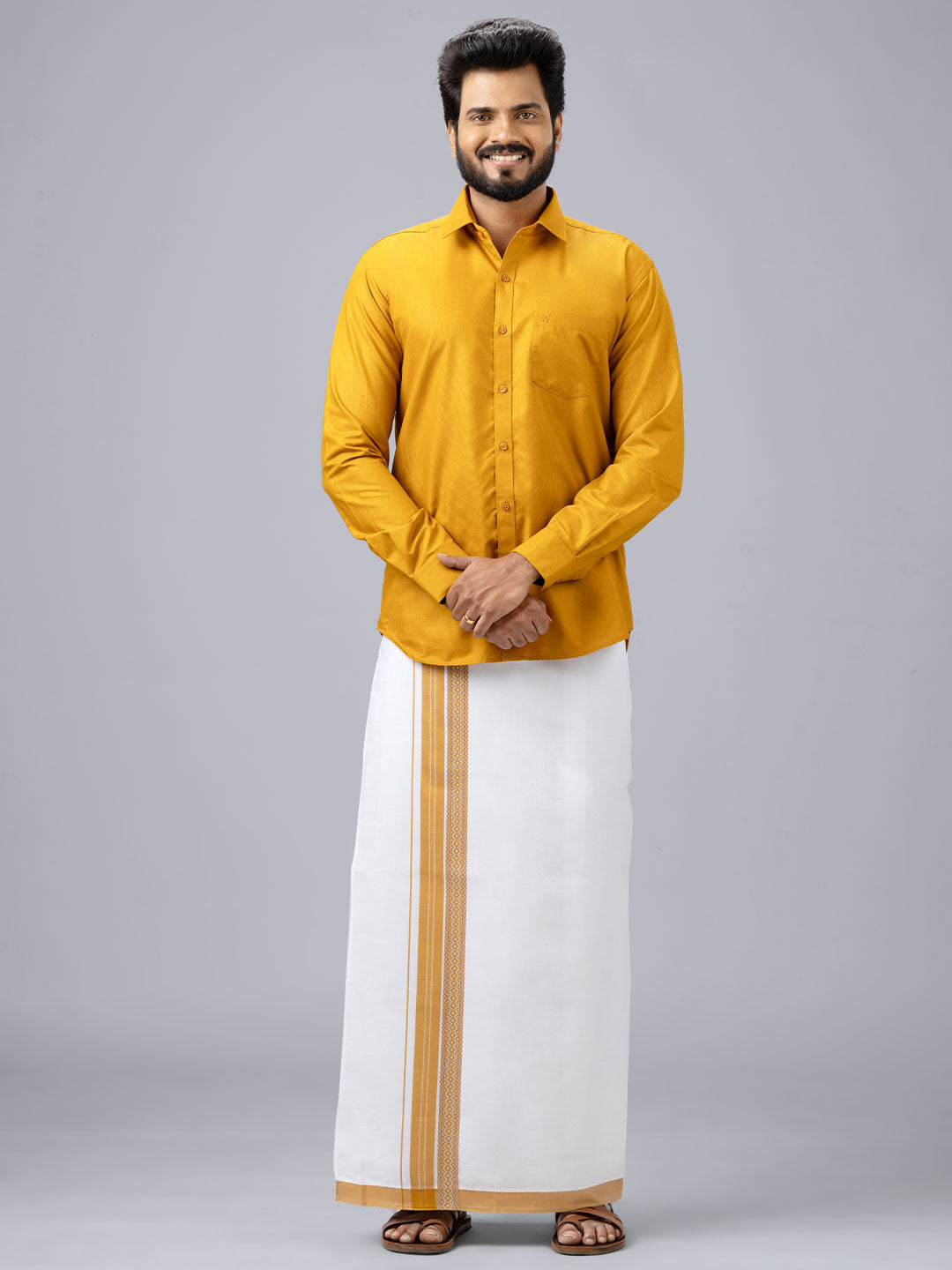 Men's Cotton Golden Yellow Matching Shirt with Fancy Printed Border Dhoti Combo Luster Trend