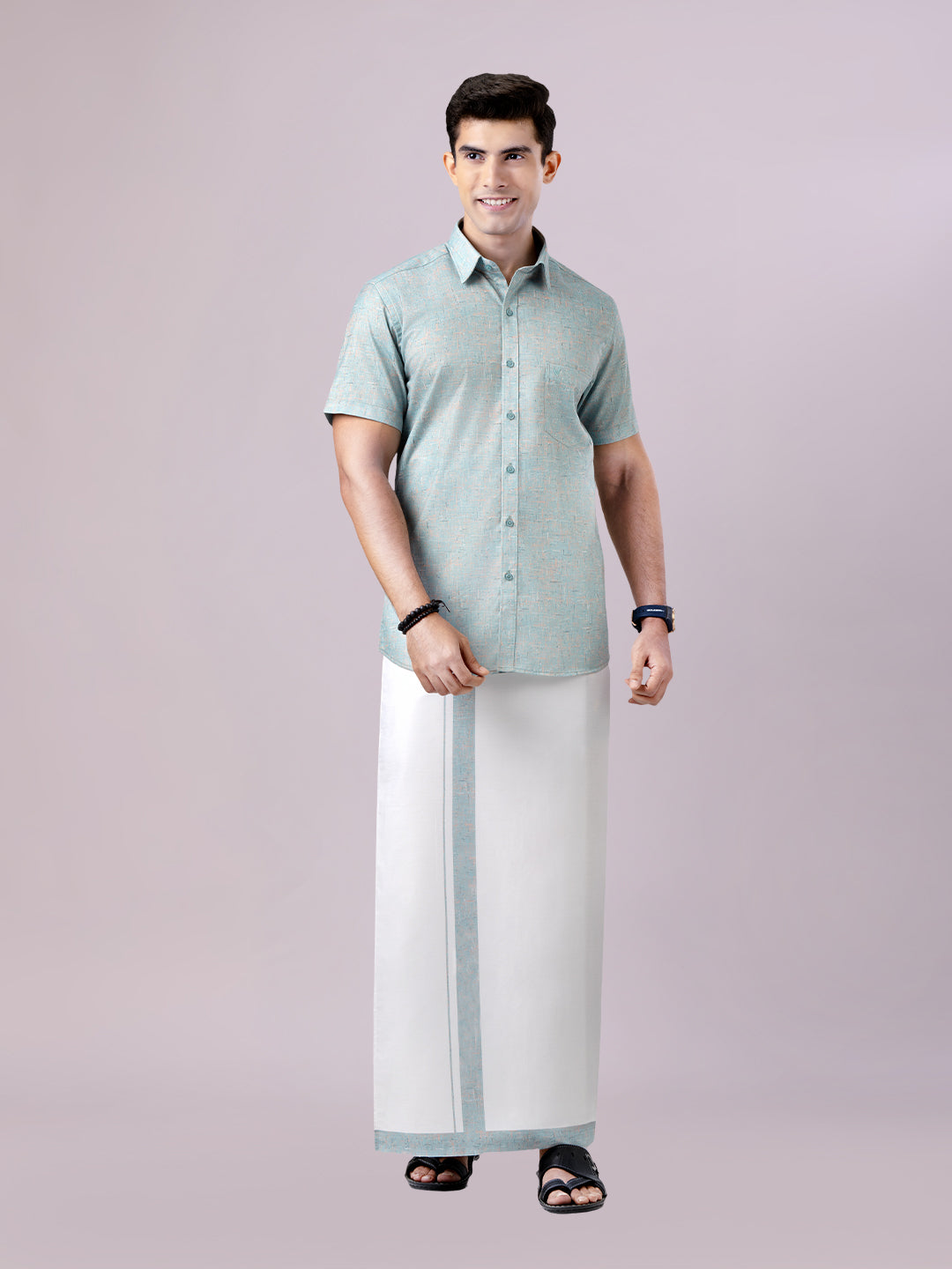 Men's Turquois Color Digital Printed Shirt with Matching Printed Border Dhoti Combo Varnam
