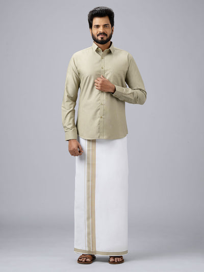 Men's Cotton Light Olive Matching Shirt with Fancy Printed Border Dhoti Combo Luster Trend