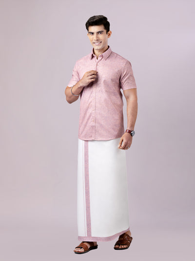 Men's Rose Color Digital Printed Shirt with Matching Printed Border Dhoti Combo Varnam