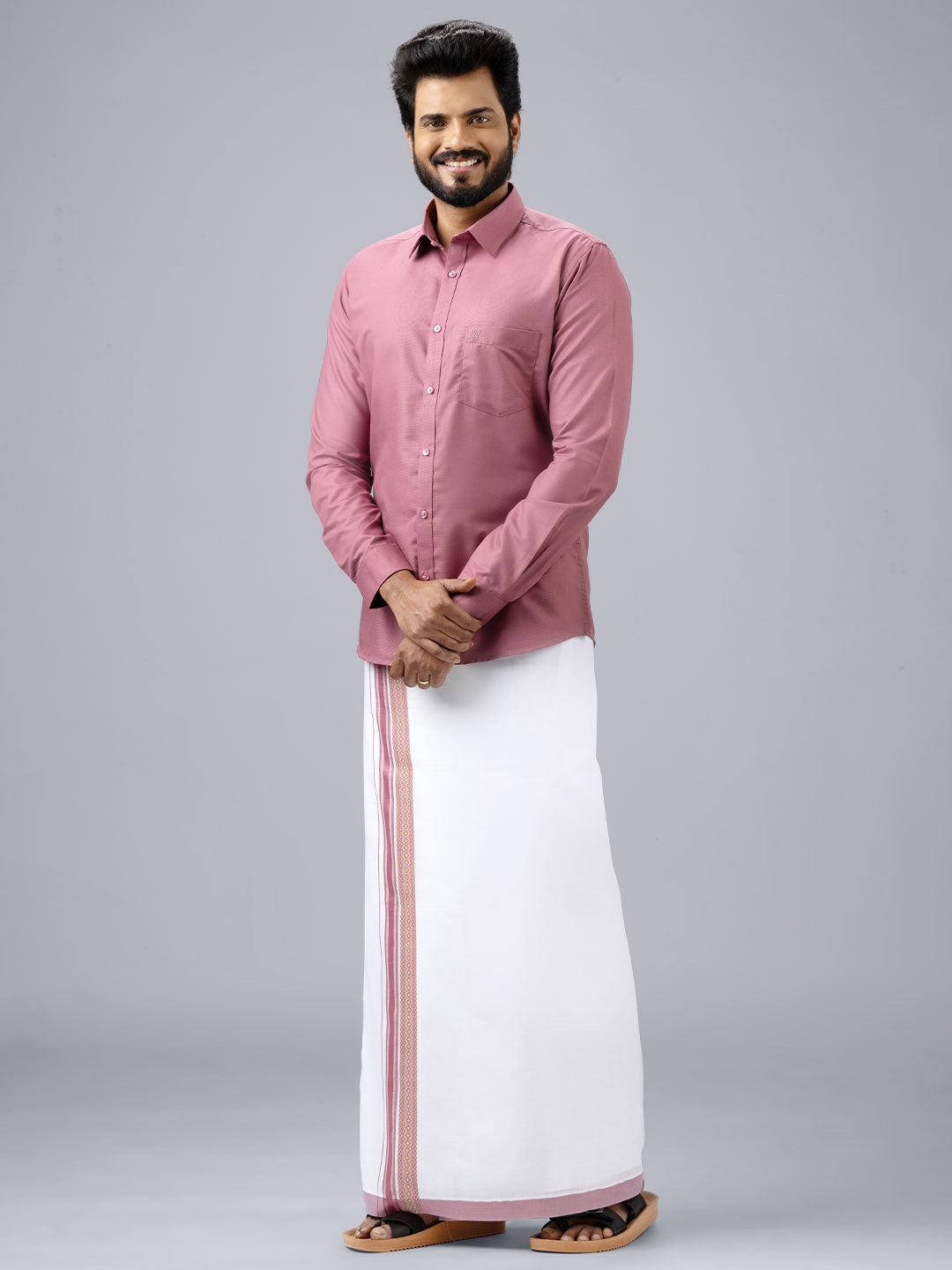 Men's Cotton Dark Pink Matching Shirt with Fancy Printed Border Dhoti Combo Luster Trend