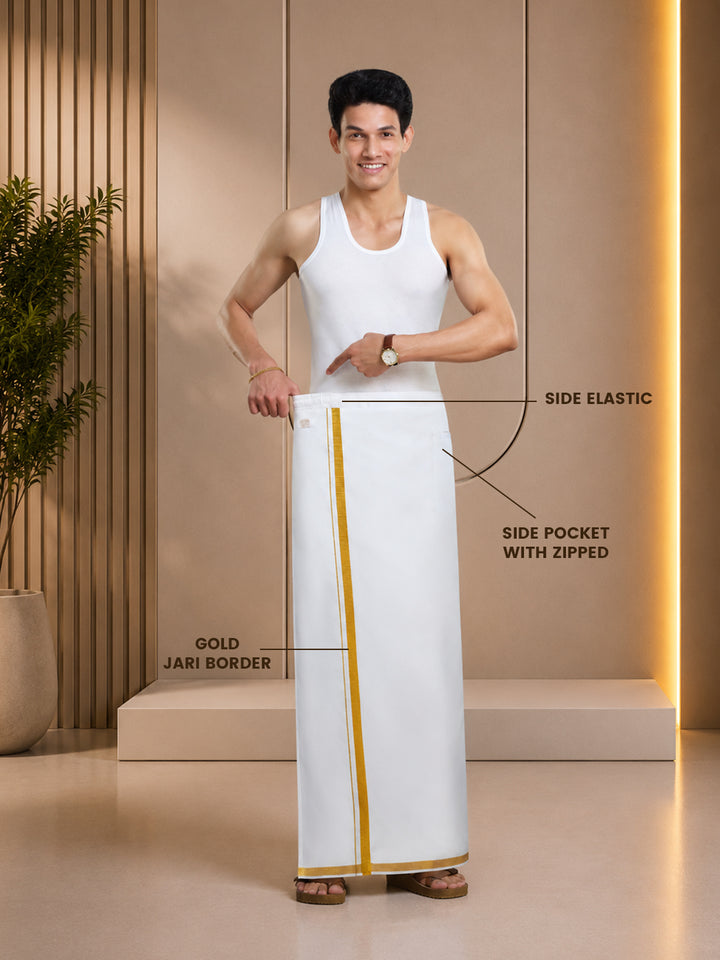 Men's Easy to Wear Flexi 2.0 White Gold Jari Side Elastic Dhoti with Pocket