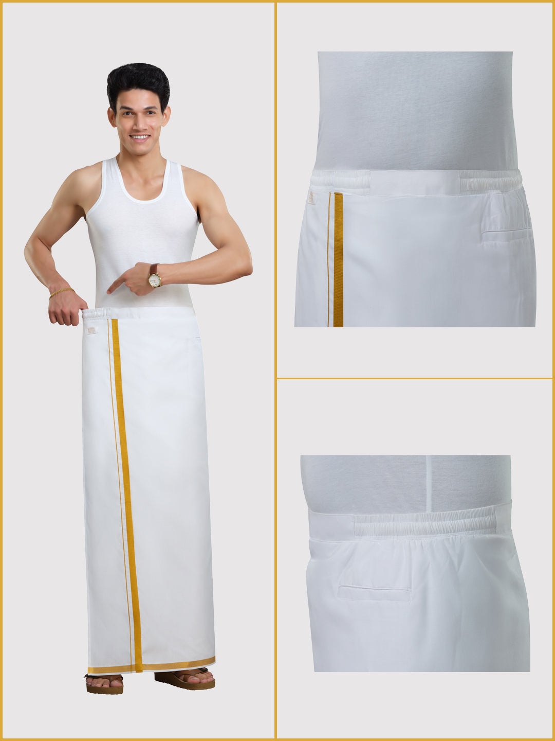 Men's Easy to Wear Flexi 2.0 White Gold Jari Side Elastic Dhoti with Pocket
