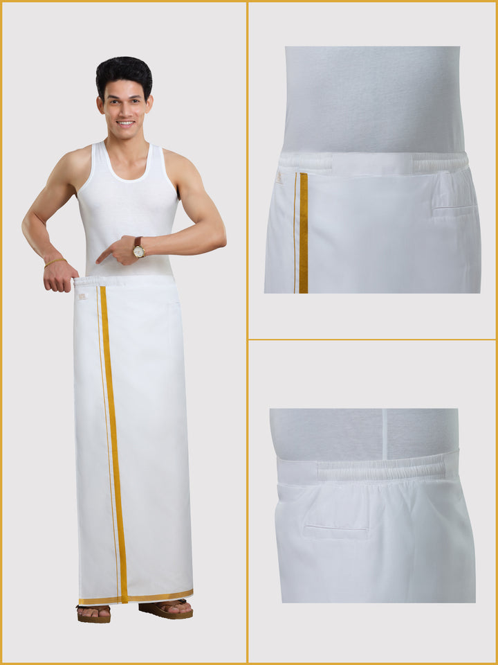 Men's Easy to Wear Flexi 2.0 White Gold Jari Side Elastic Dhoti with Pocket