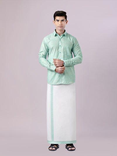 Men's Vintage Green Color Digital Printed Shirt with Matching Printed Border Dhoti Combo Varnam