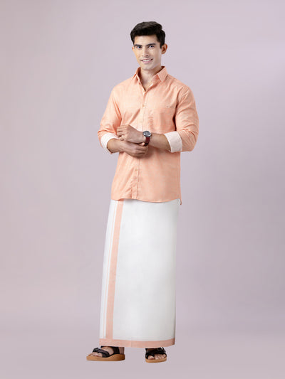 Men's Coral Color Digital Printed Shirt with Matching Printed Border Dhoti Combo Varnam