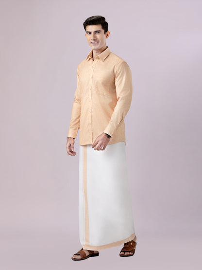Men's Sun Gold Color Digital Printed Shirt with Matching Printed Border Dhoti Combo Varnam