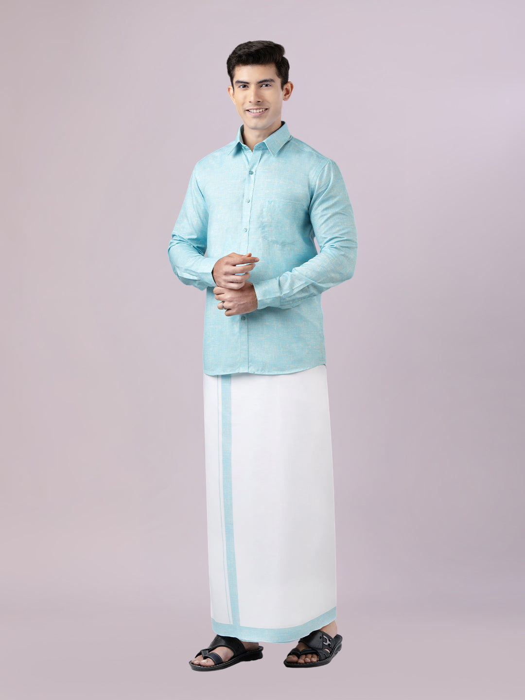 Men's Light Aqua Color Digital Printed Shirt with Matching Printed Border Dhoti Combo Varnam